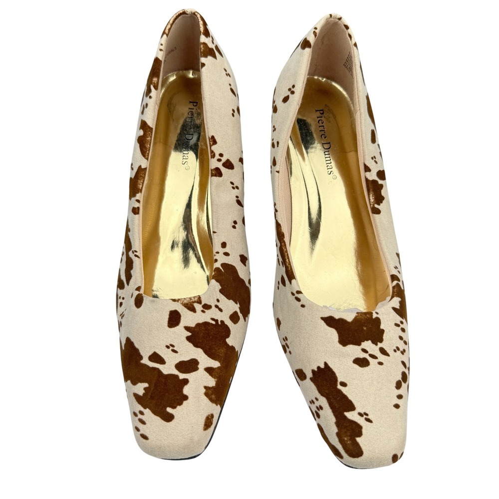Pierre Dumas Cow Print Mid Heel‎ Pumps Size 9M Brown White Western Retro Shoes - Picture 3 of 9